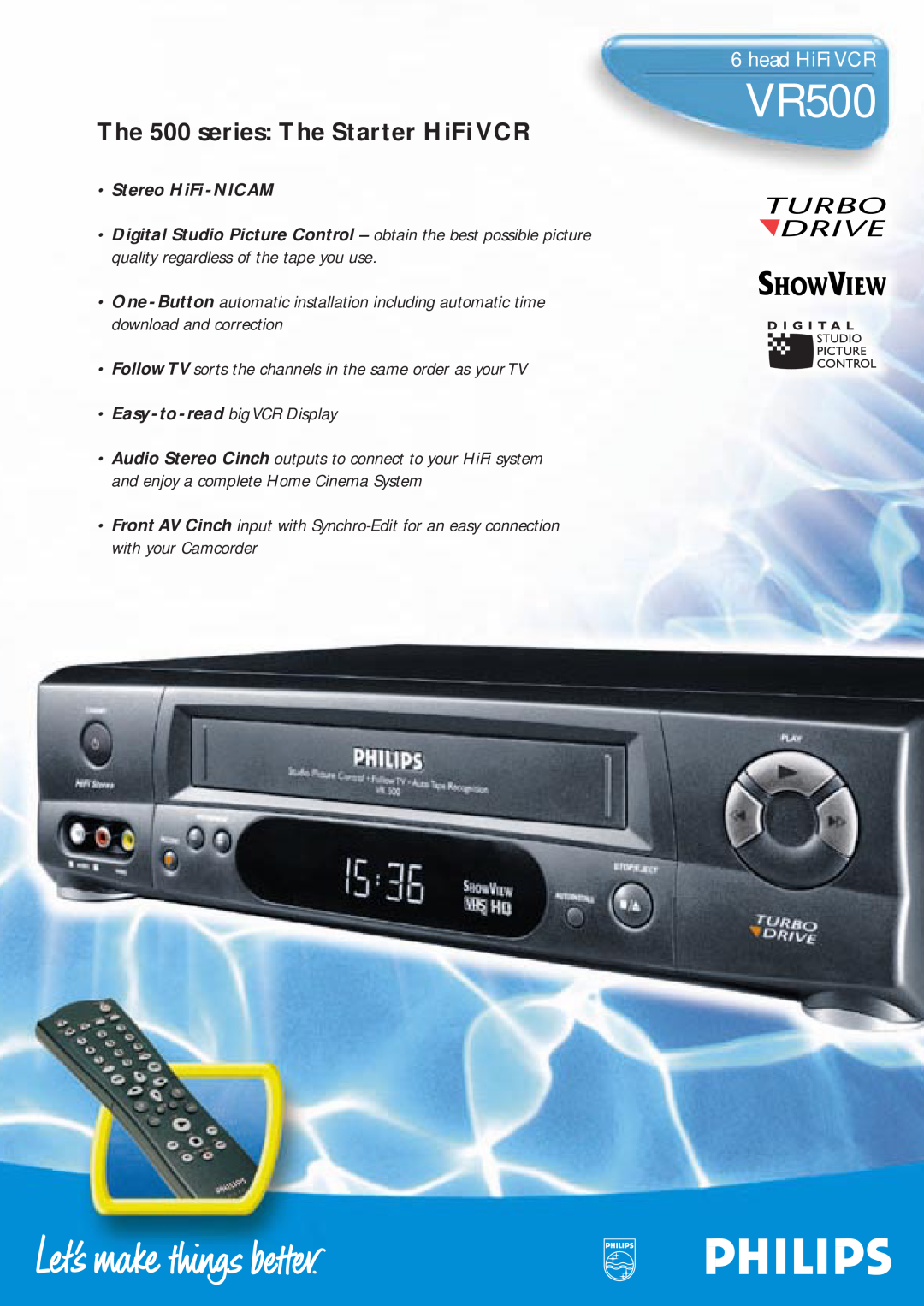 Philips VR500 manual head HiFi VCR, The 500 series The Starter HiFi VCR, Stereo HiFi - NICAM 