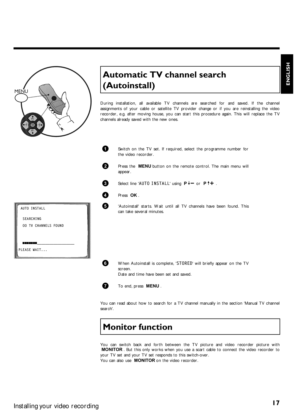 Philips VR570, VR507 specifications Automatic TV channel search, Autoinstall, Monitor function 