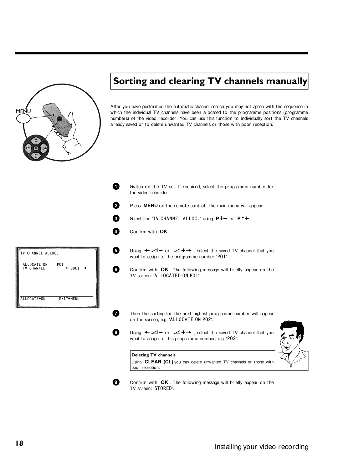 Philips VR507 Sorting and clearing TV channels manually, Want to assign to the programme number P01, Deleting TV channels 