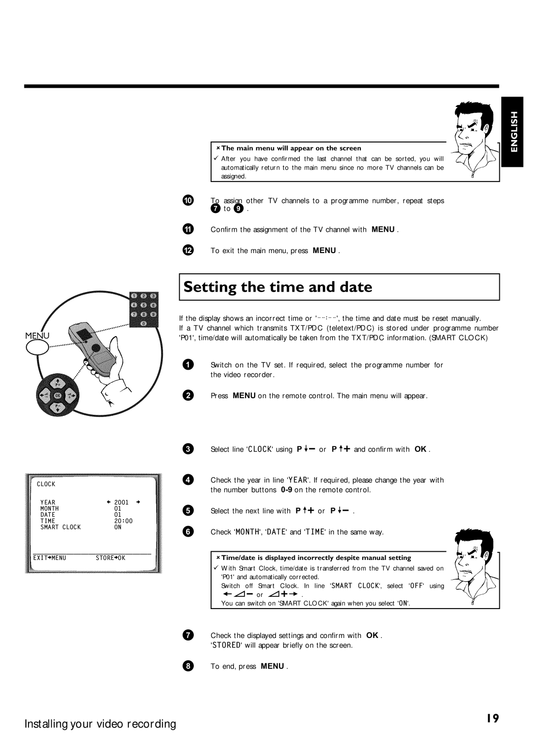 Philips VR570, VR507 specifications Setting the time and date, Main menu will appear on the screen 