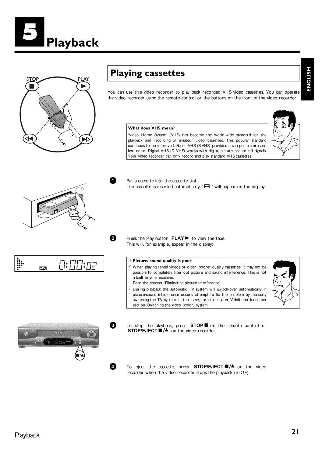 Philips VR570, VR507 specifications Playback, Playing cassettes 