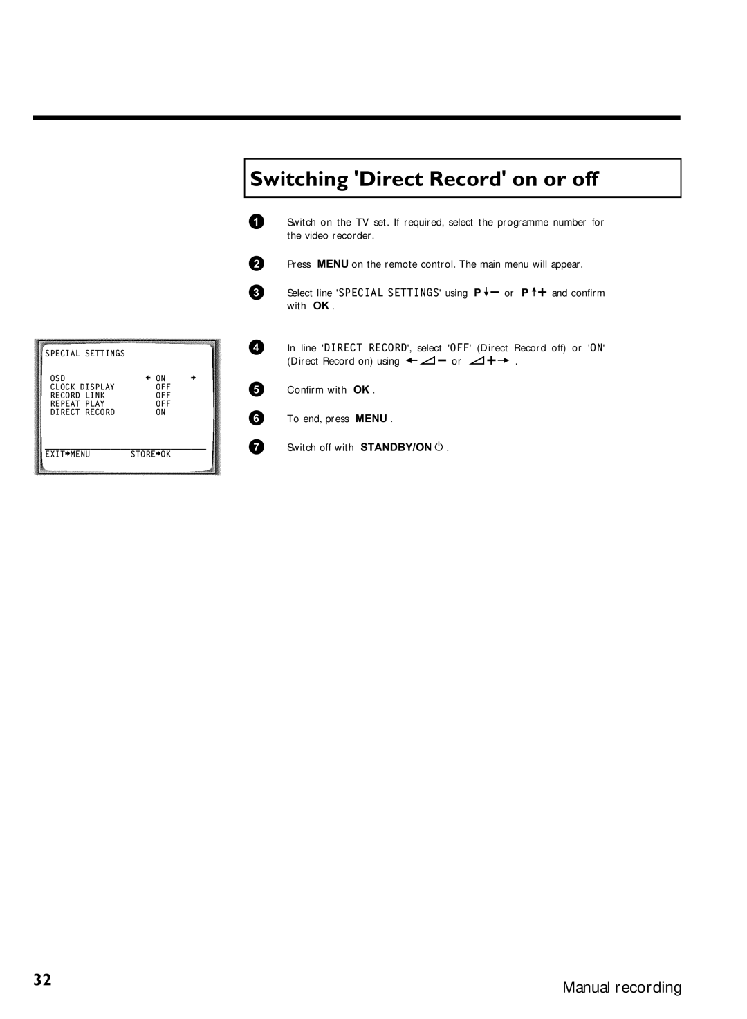 Philips VR507, VR570 specifications Switching Direct Record on or off 