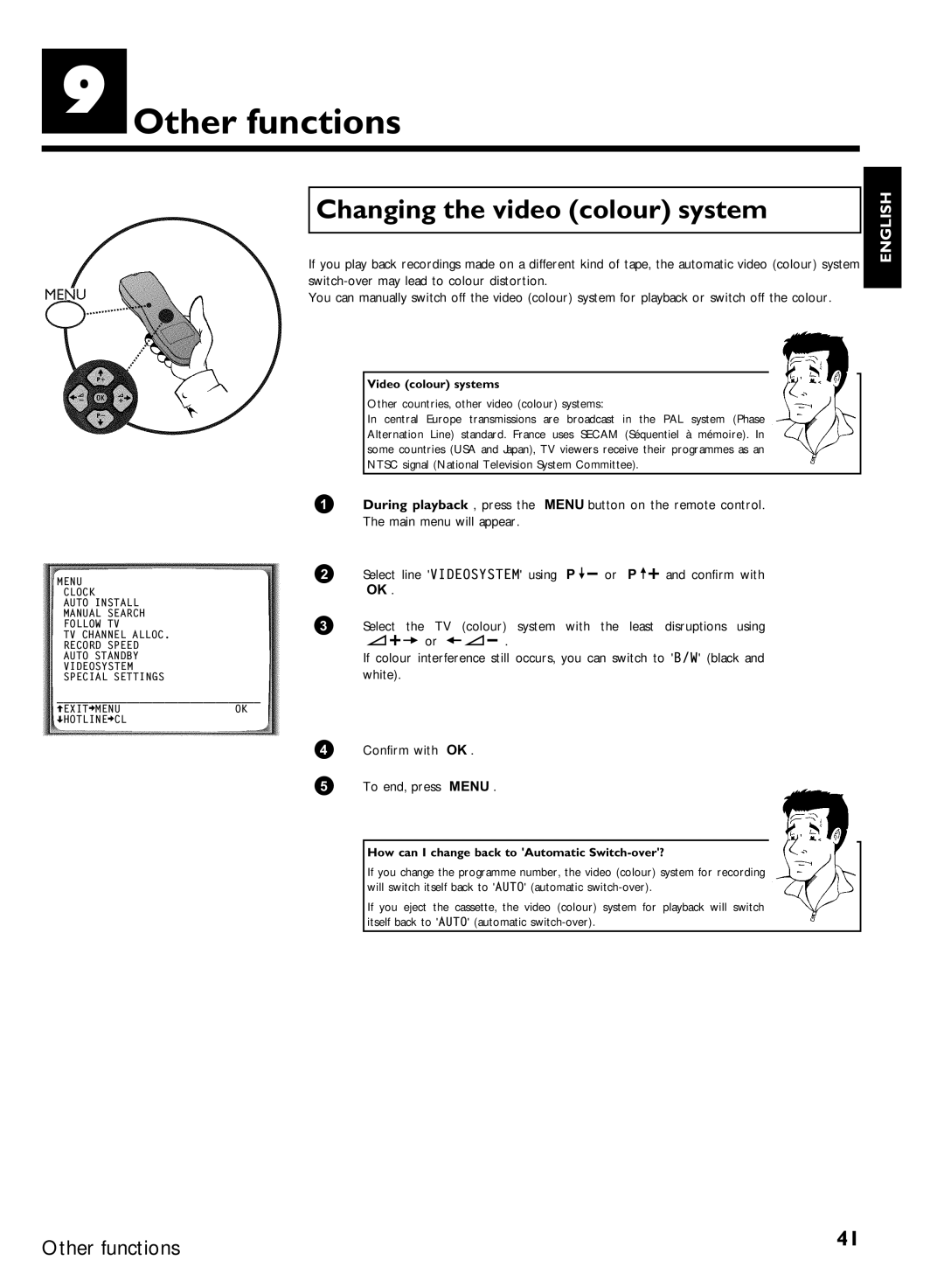 Philips VR570, VR507 specifications Other functions, Changing the video colour system, Select the TV, With Least 