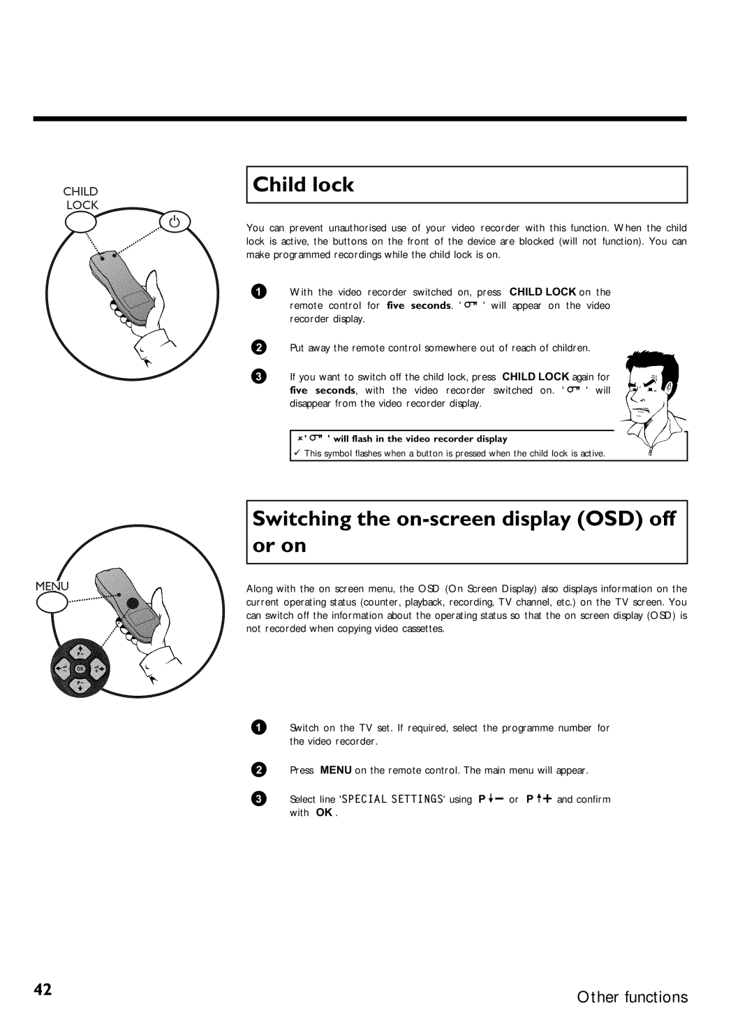 Philips VR507, VR570 Child lock, Switching the on-screen display OSD off or on, Will flash in the video recorder display 