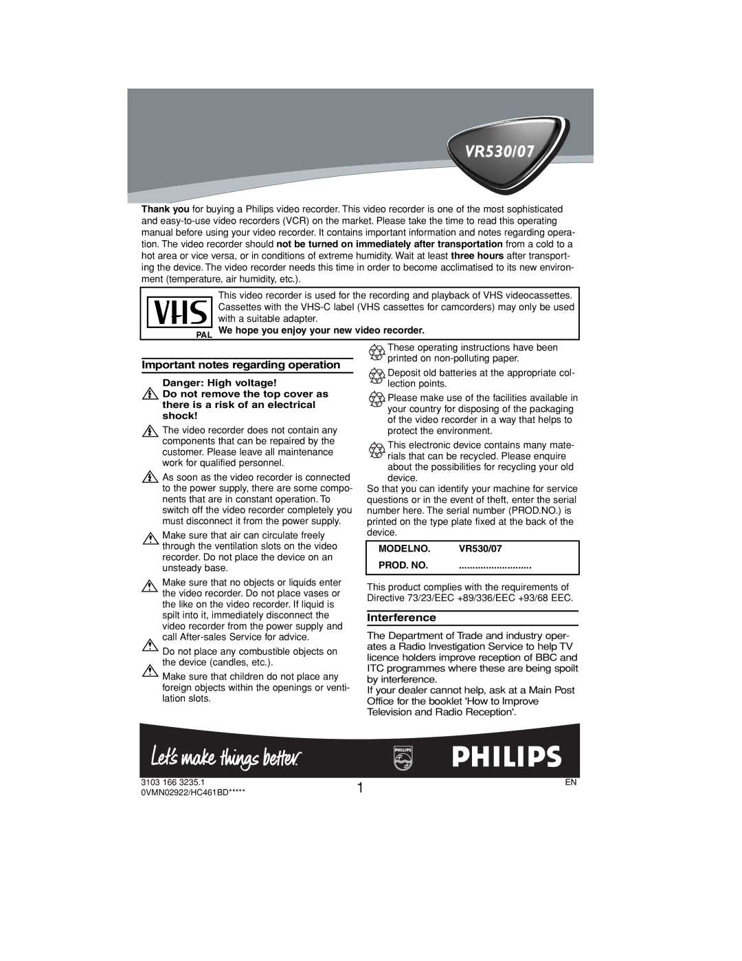 Philips VR530/07 operating instructions Important notes regarding operation, Interference 