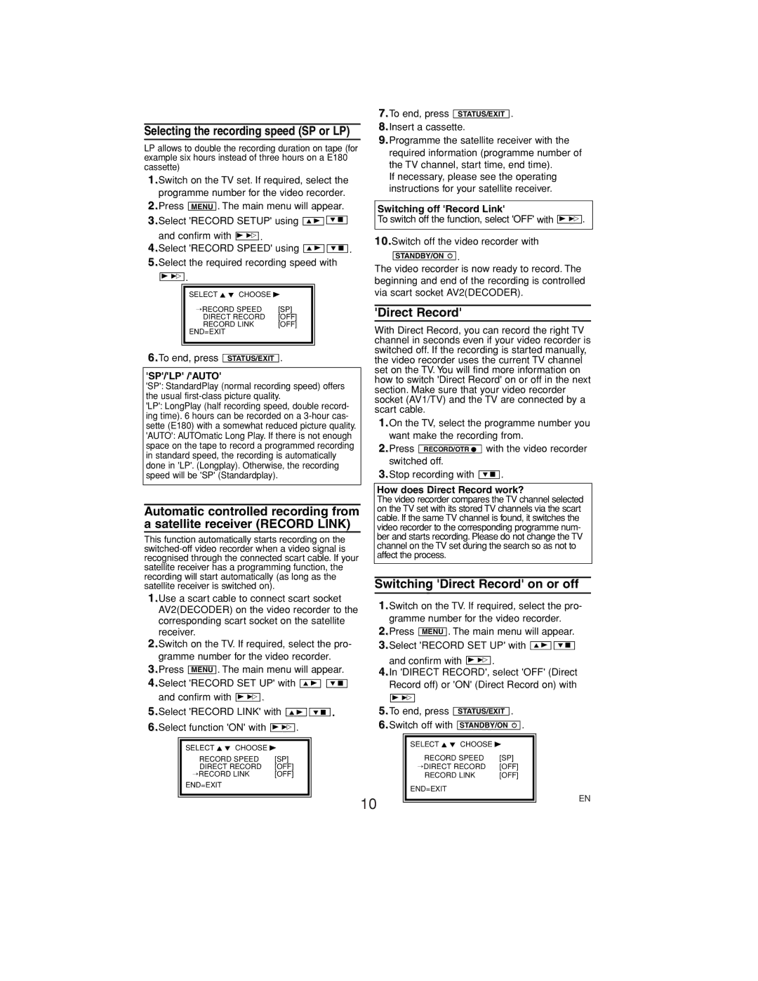 Philips VR530/07 operating instructions Direct Record, Automatic controlled recording from, Satellite receiver Record Link 