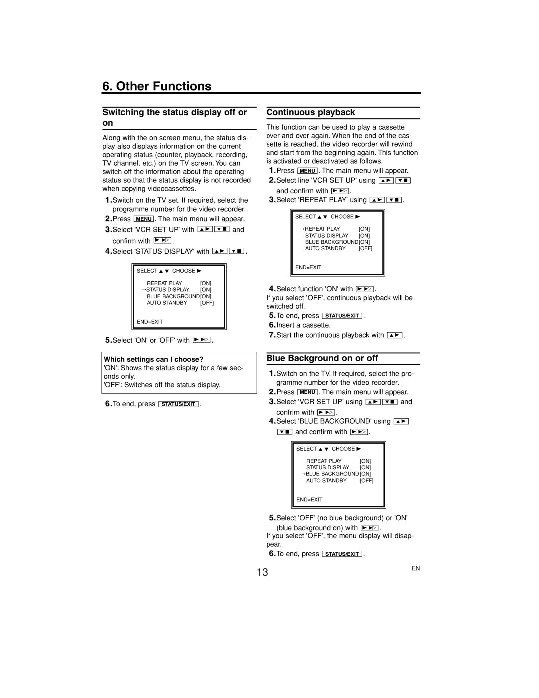 Philips VR530/07 Other Functions, Switching the status display off or on, Continuous playback, Blue Background on or off 