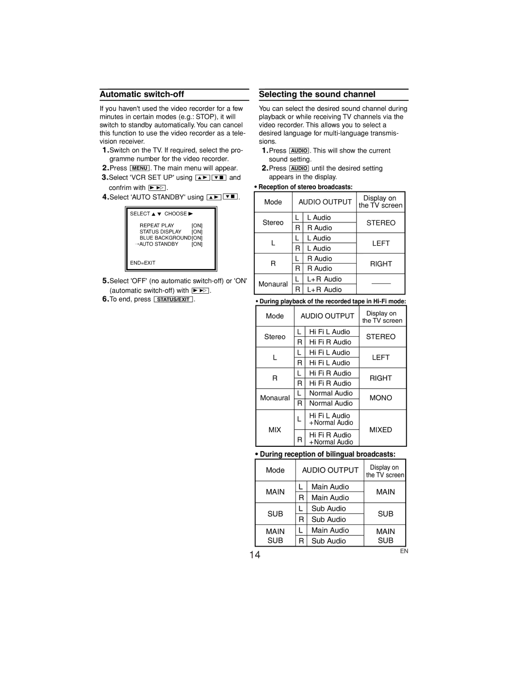 Philips VR530/07 Automatic switch-off Selecting the sound channel, During reception of bilingual broadcasts 