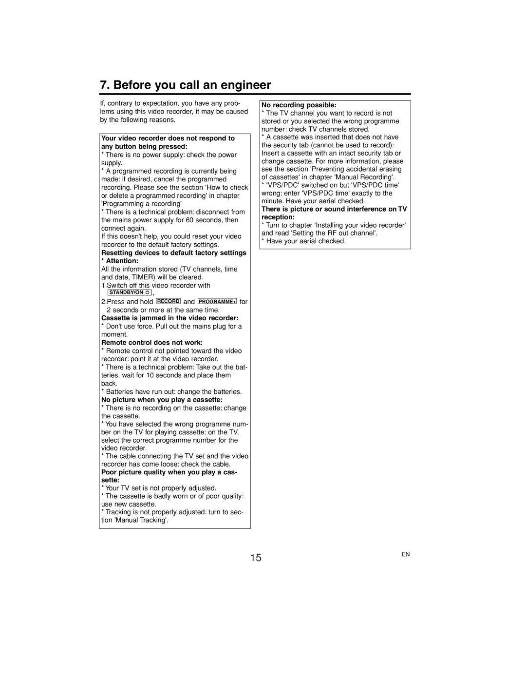 Philips VR530/07 operating instructions Before you call an engineer 