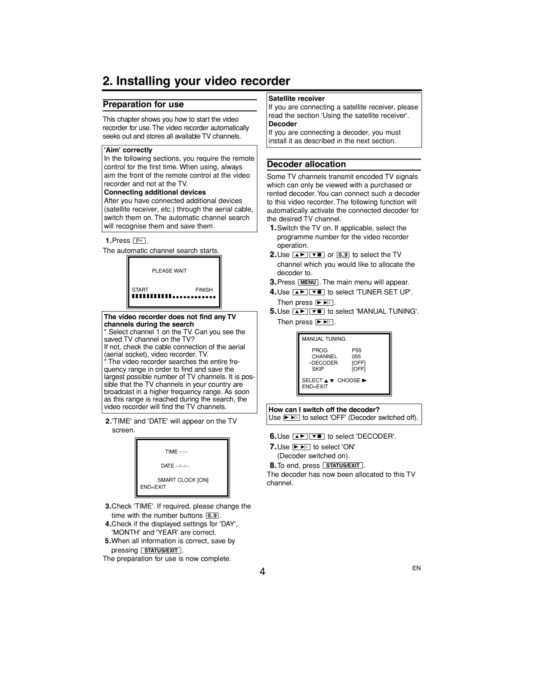 Philips VR530/07 operating instructions Installing your video recorder, Preparation for use, Decoder allocation 