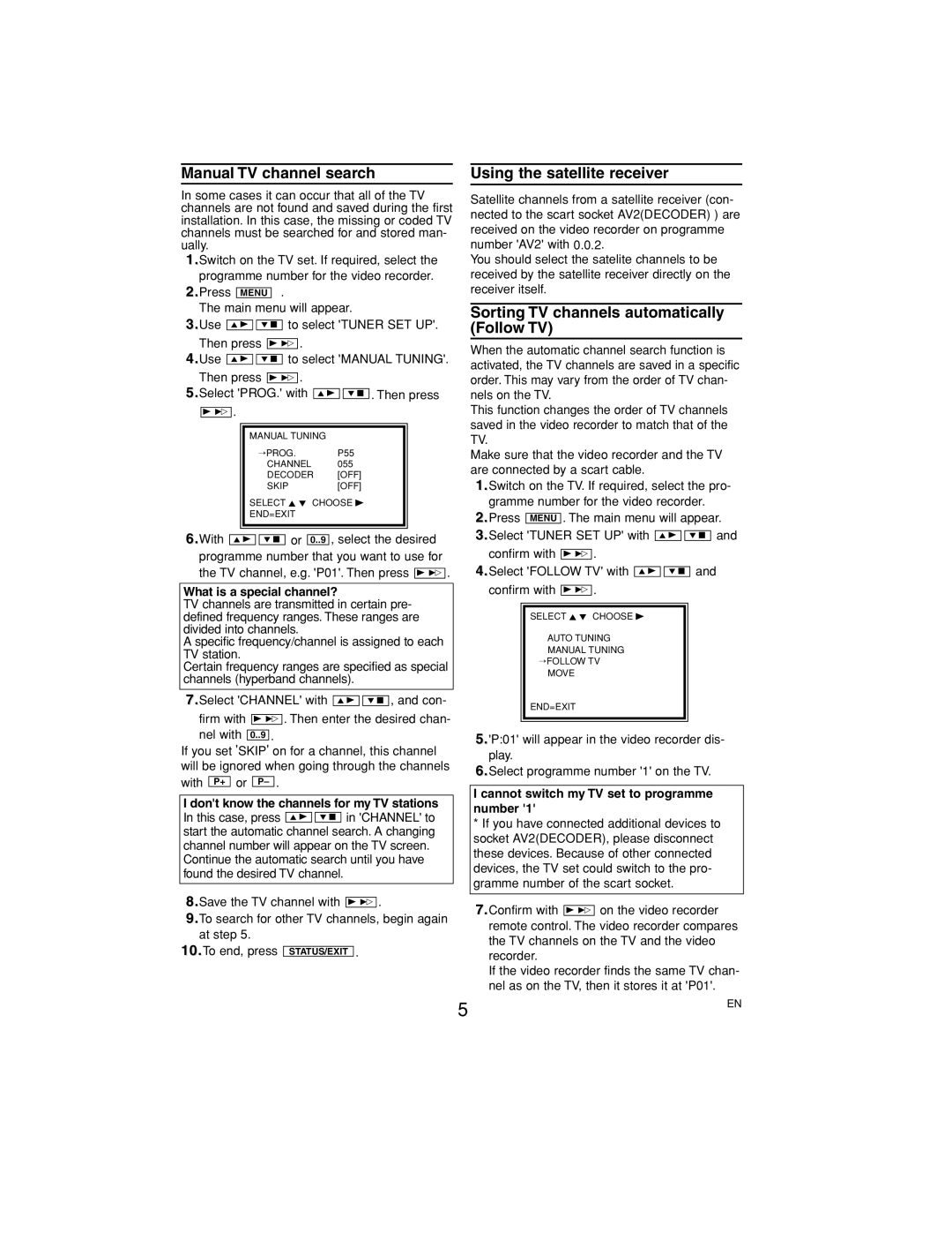 Philips VR530/07 Manual TV channel search, Using the satellite receiver, Sorting TV channels automatically Follow TV 