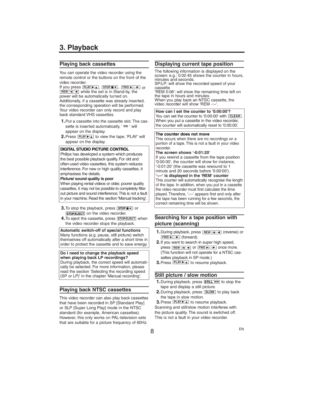 Philips VR550/58 operating instructions Playback 