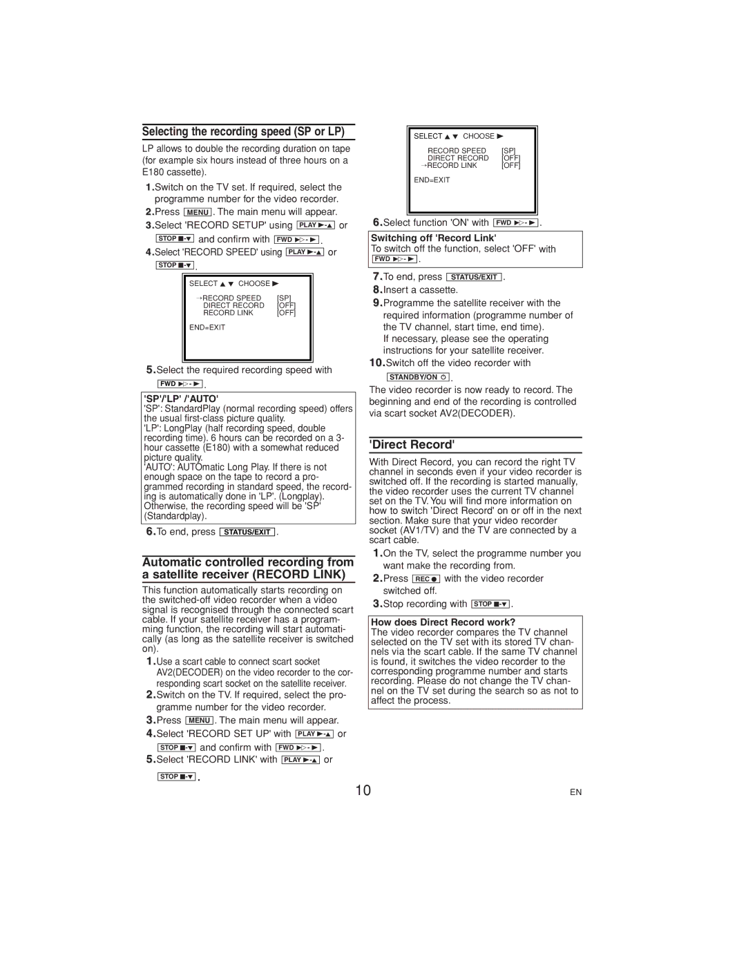 Philips VR558 operating instructions Sp/Lp /Auto, Switching off Record Link, How does Direct Record work? 