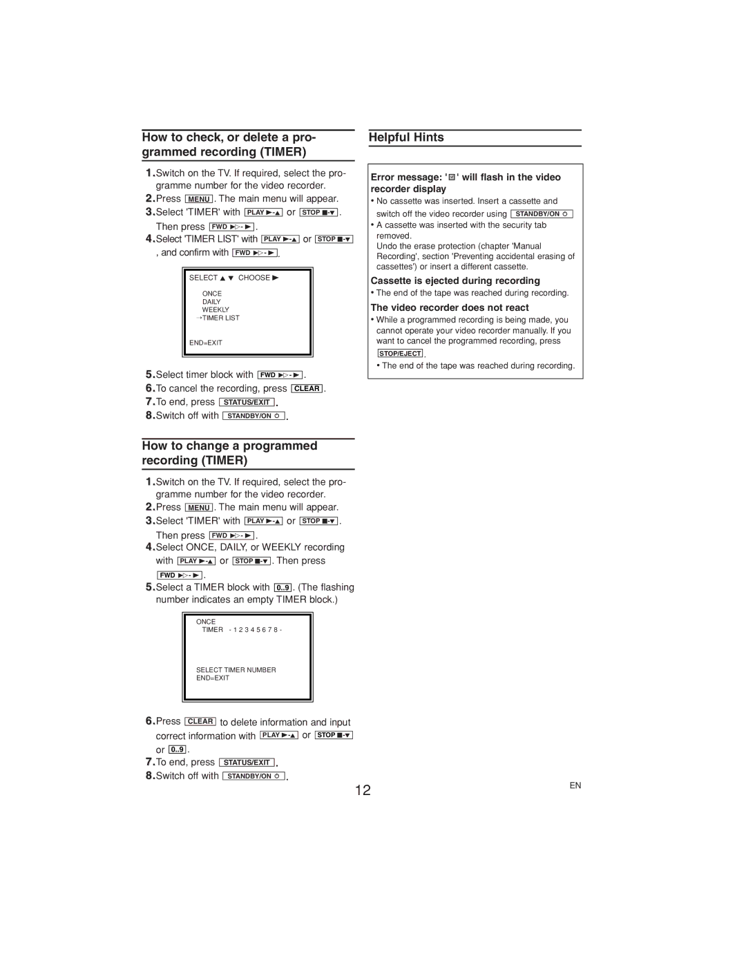 Philips VR558 operating instructions How to check, or delete a pro- grammed recording Timer, Helpful Hints 