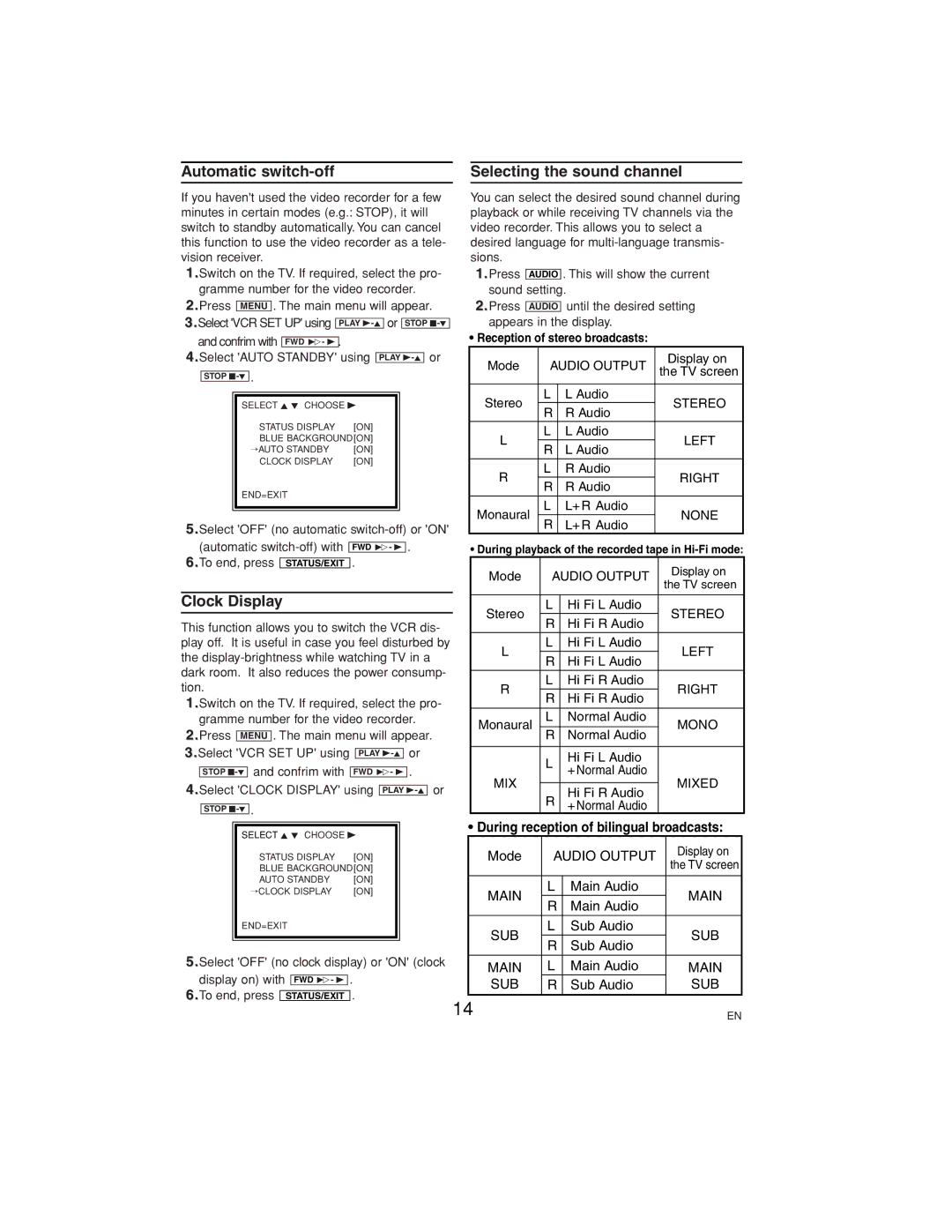 Philips VR558 operating instructions Automatic switch-off, Clock Display, Selecting the sound channel 