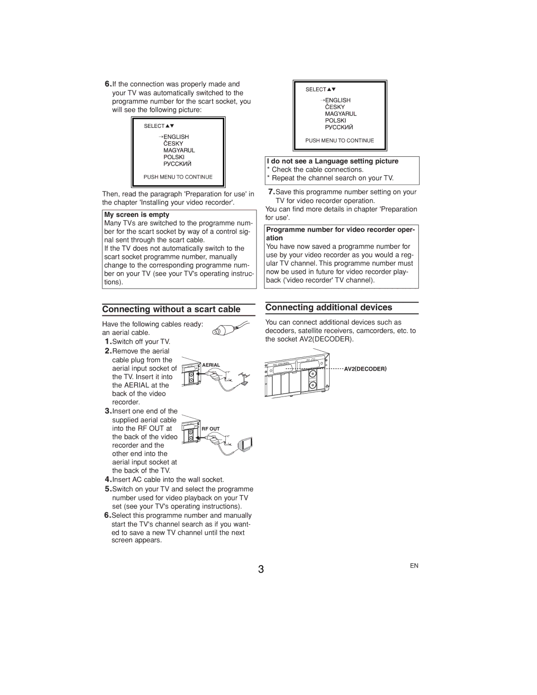 Philips VR558 operating instructions Connecting without a scart cable, Connecting additional devices, My screen is empty 