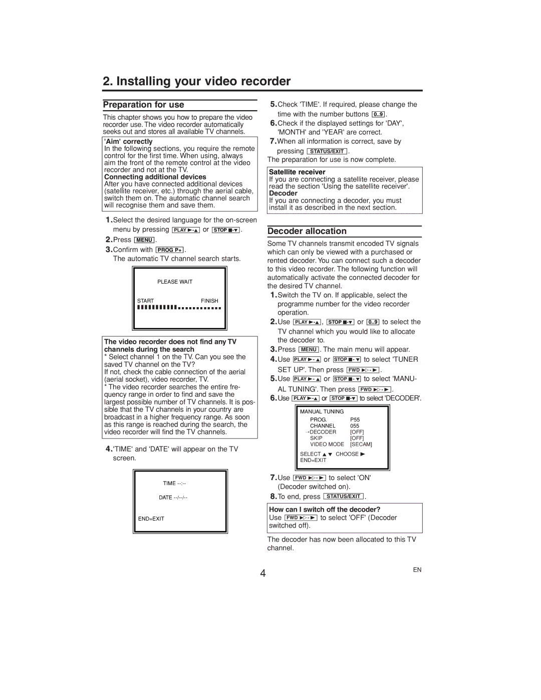 Philips VR558 operating instructions Installing your video recorder, Preparation for use, Decoder allocation 