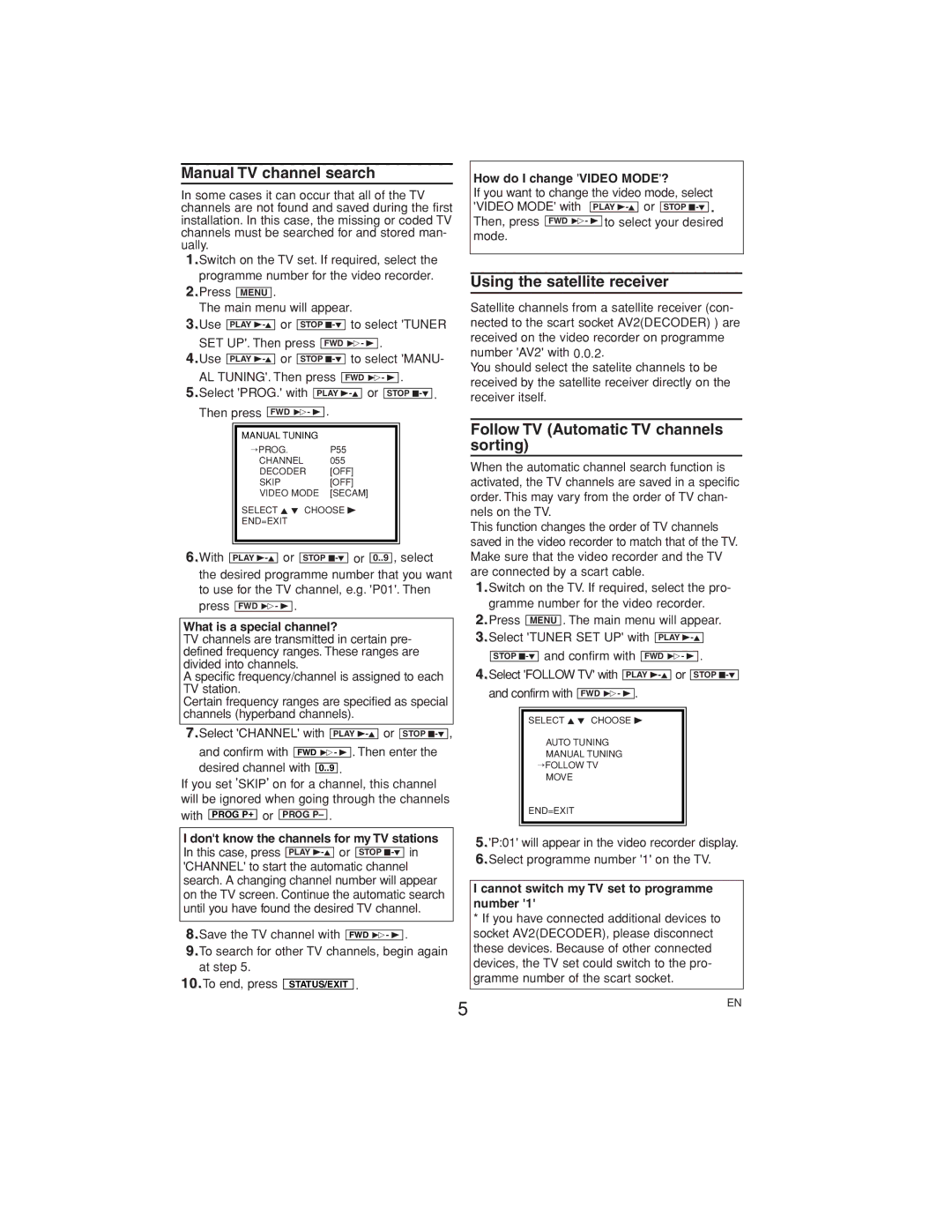 Philips VR558 Manual TV channel search, Using the satellite receiver, Follow TV Automatic TV channels sorting 