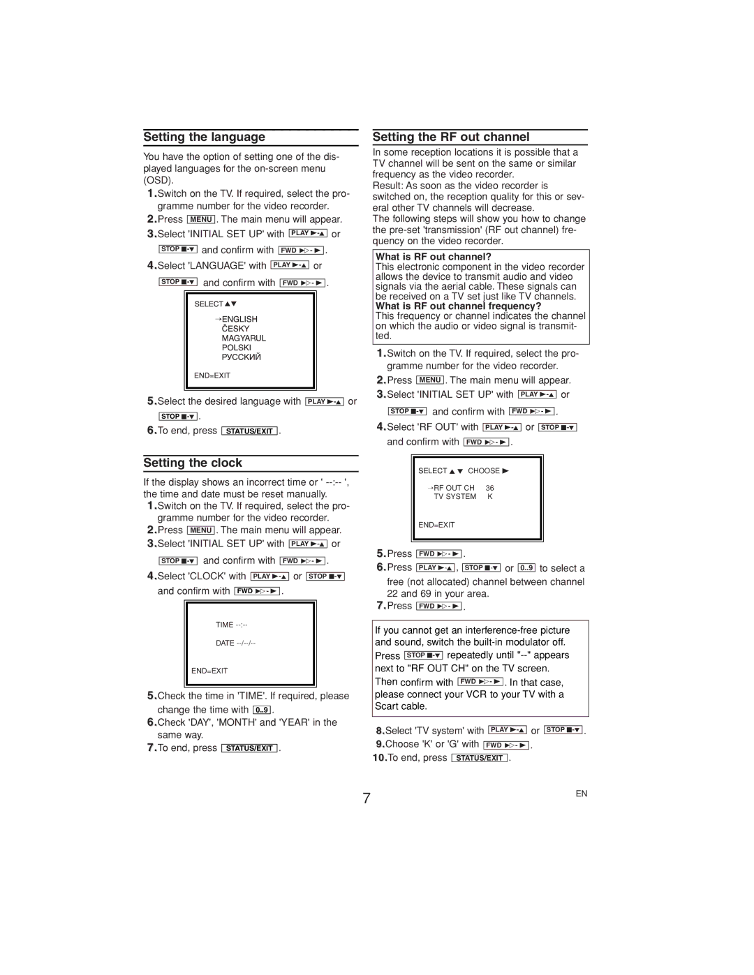 Philips VR558 operating instructions Setting the language, Setting the clock, Setting the RF out channel 