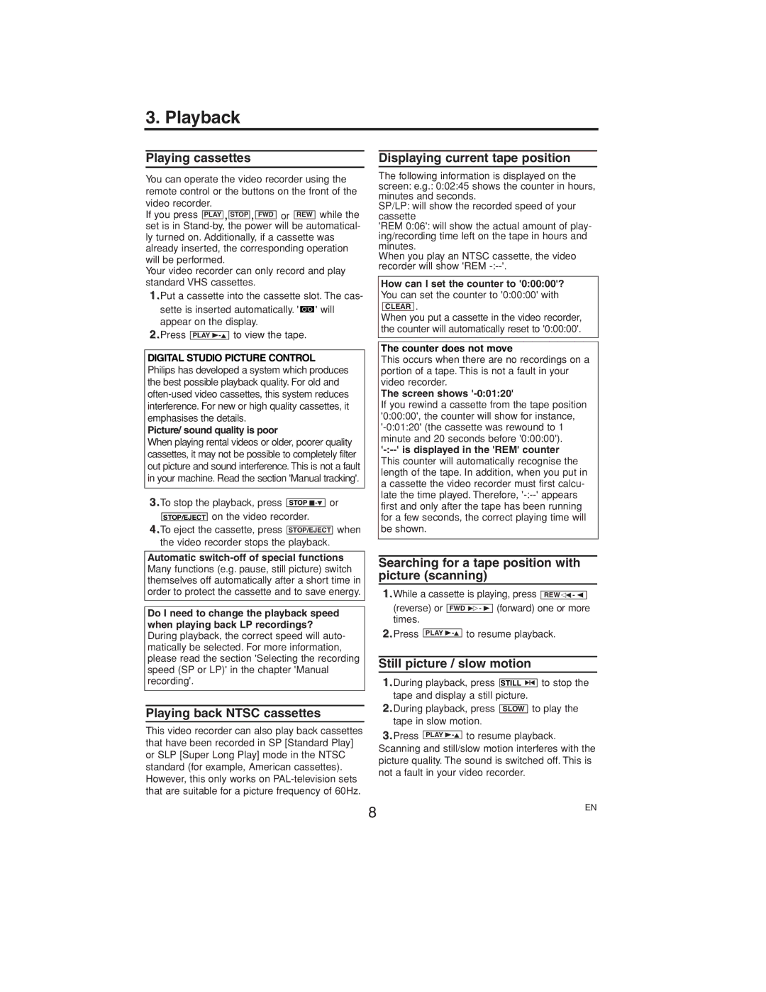 Philips VR558 operating instructions Playback 