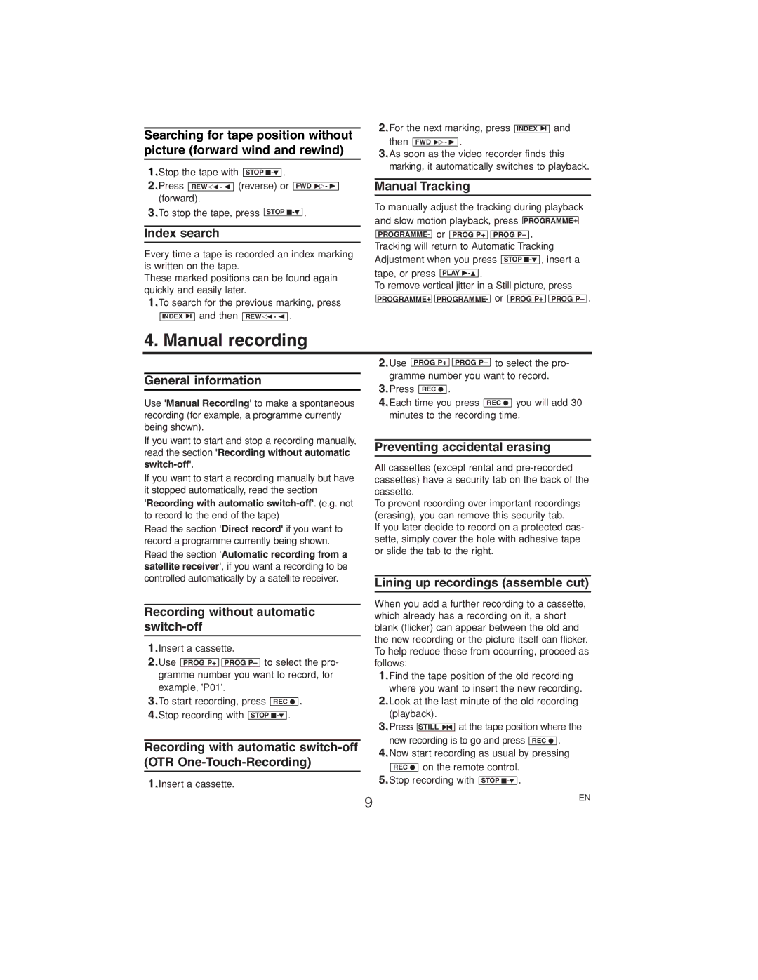 Philips VR558 operating instructions Manual recording 