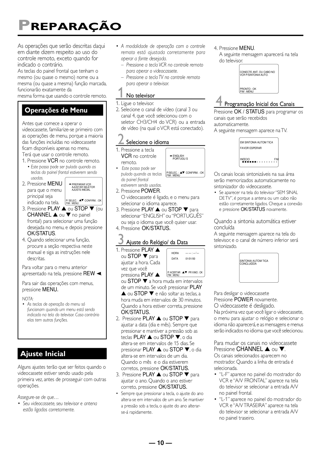 Philips VR615/78, VR610/78, VR410/78 manual Preparação, Operações de Menu, Ajuste Inicial 