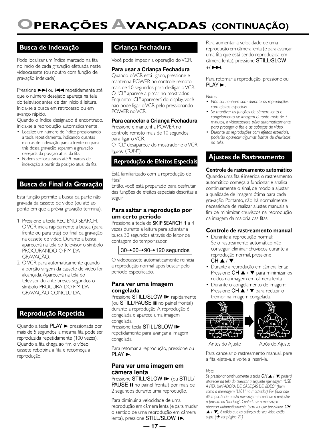 Philips VR410/78, VR610/78, VR615/78 Busca de Indexação, Reprodução Repetida, Criança Fechadura, Ajustes de Rastreamento 