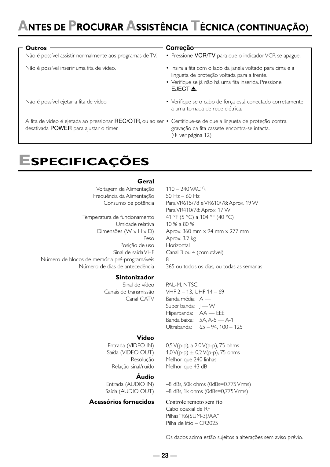 Philips VR410/78, VR610/78, VR615/78 manual Especificações 