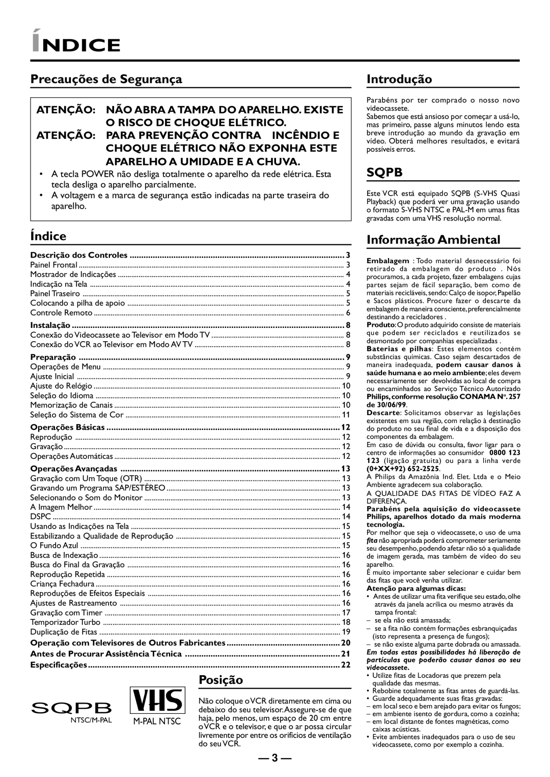 Philips VR610/78, VR615/78, VR410/78 manual Índice, PAL Ntsc, Do seu VCR 