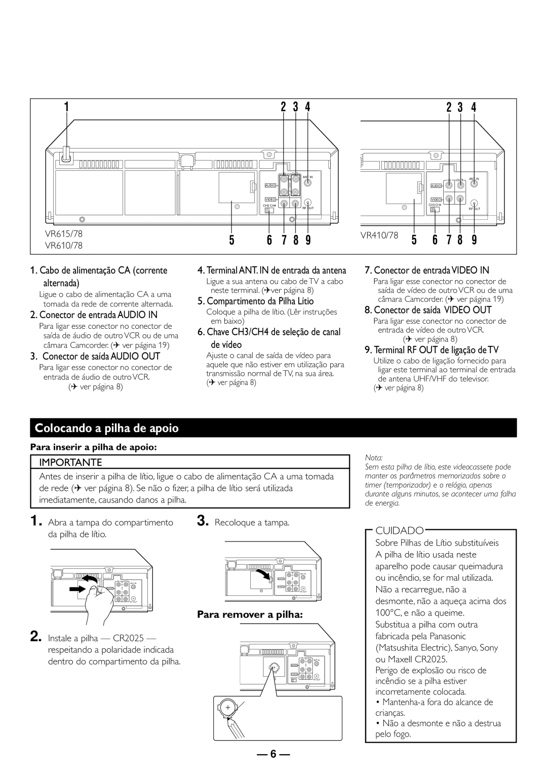 Philips VR610/78, VR615/78, VR410/78 manual Colocando a pilha de apoio, Para remover a pilha 