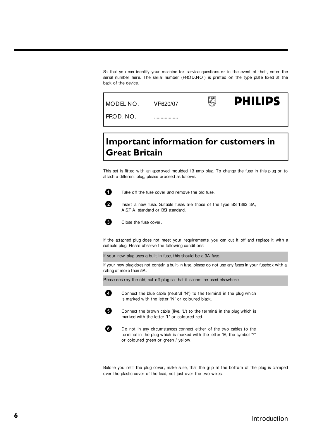 Philips VR620/07 specifications Important information for customers in Great Britain 