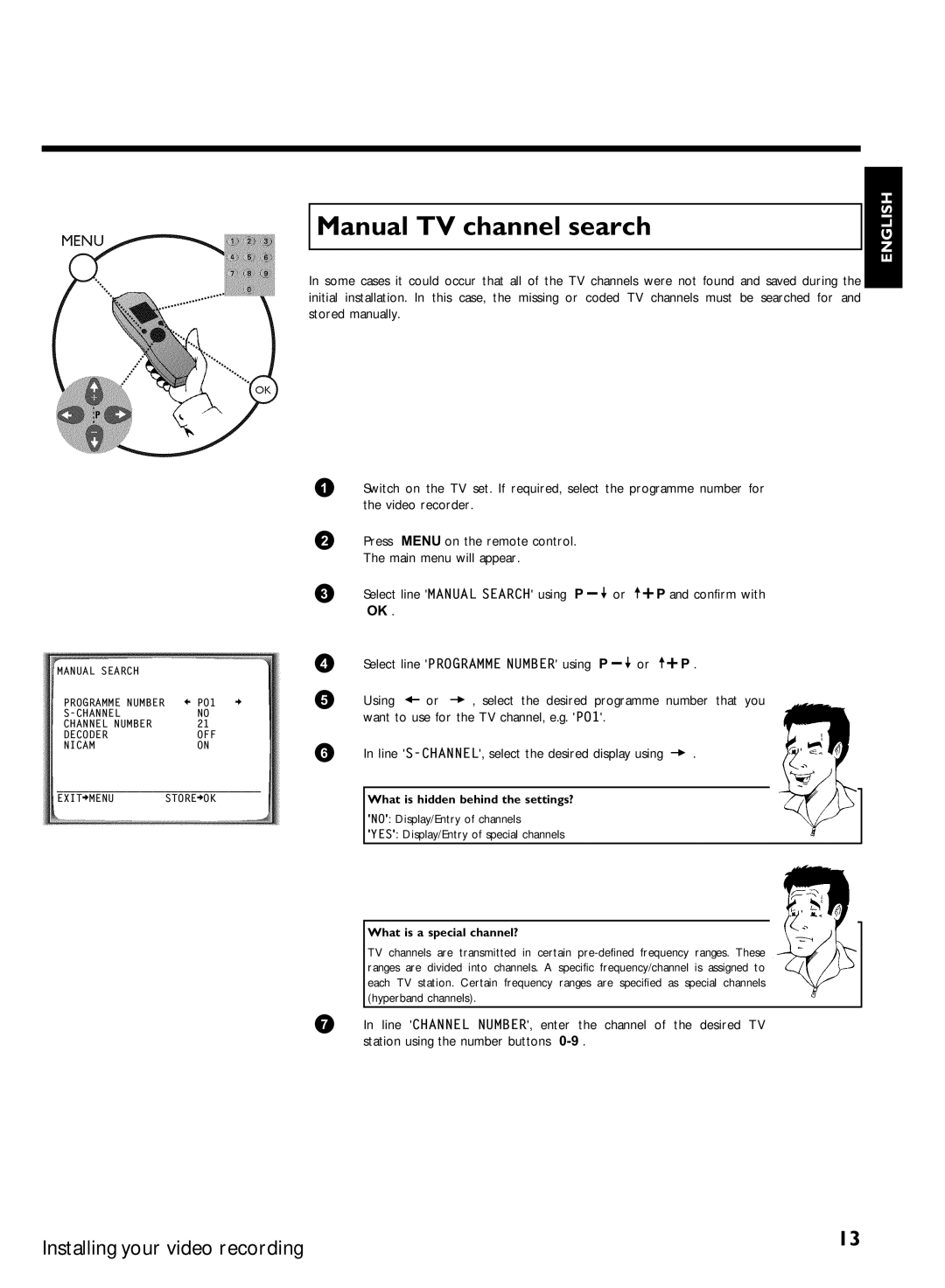 Philips VR620/07 specifications Manual TV channel search, Confirm with, Using Select the desired 