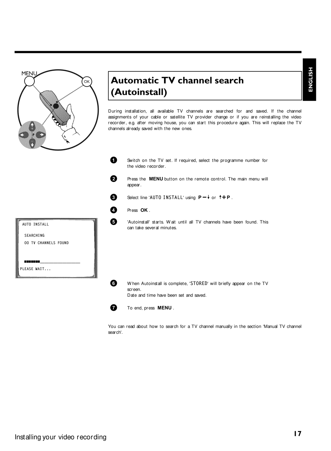 Philips VR620/07 specifications Automatic TV channel search, Autoinstall 