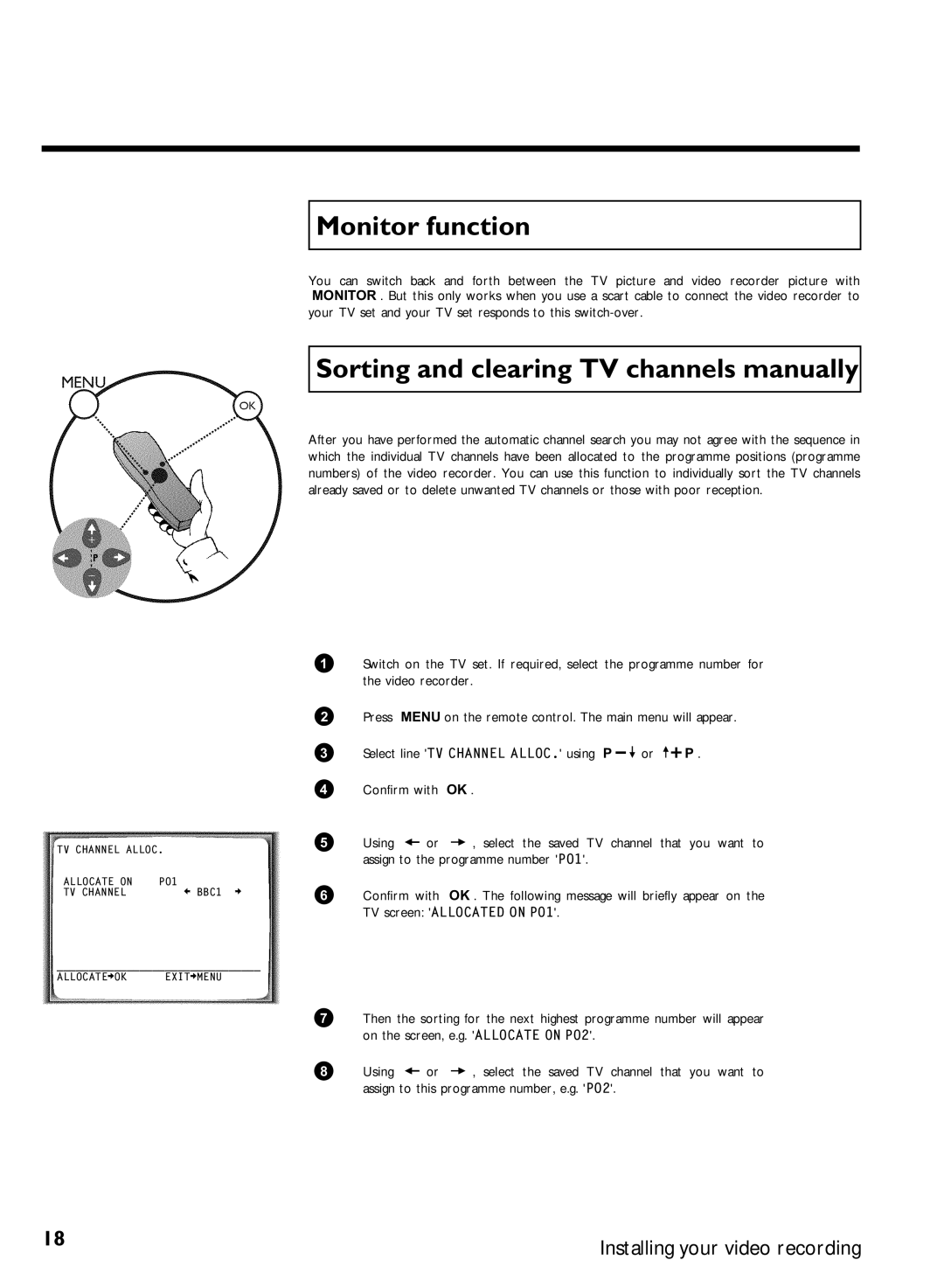 Philips VR620/07 specifications Monitor function, Sorting and clearing TV channels manually 