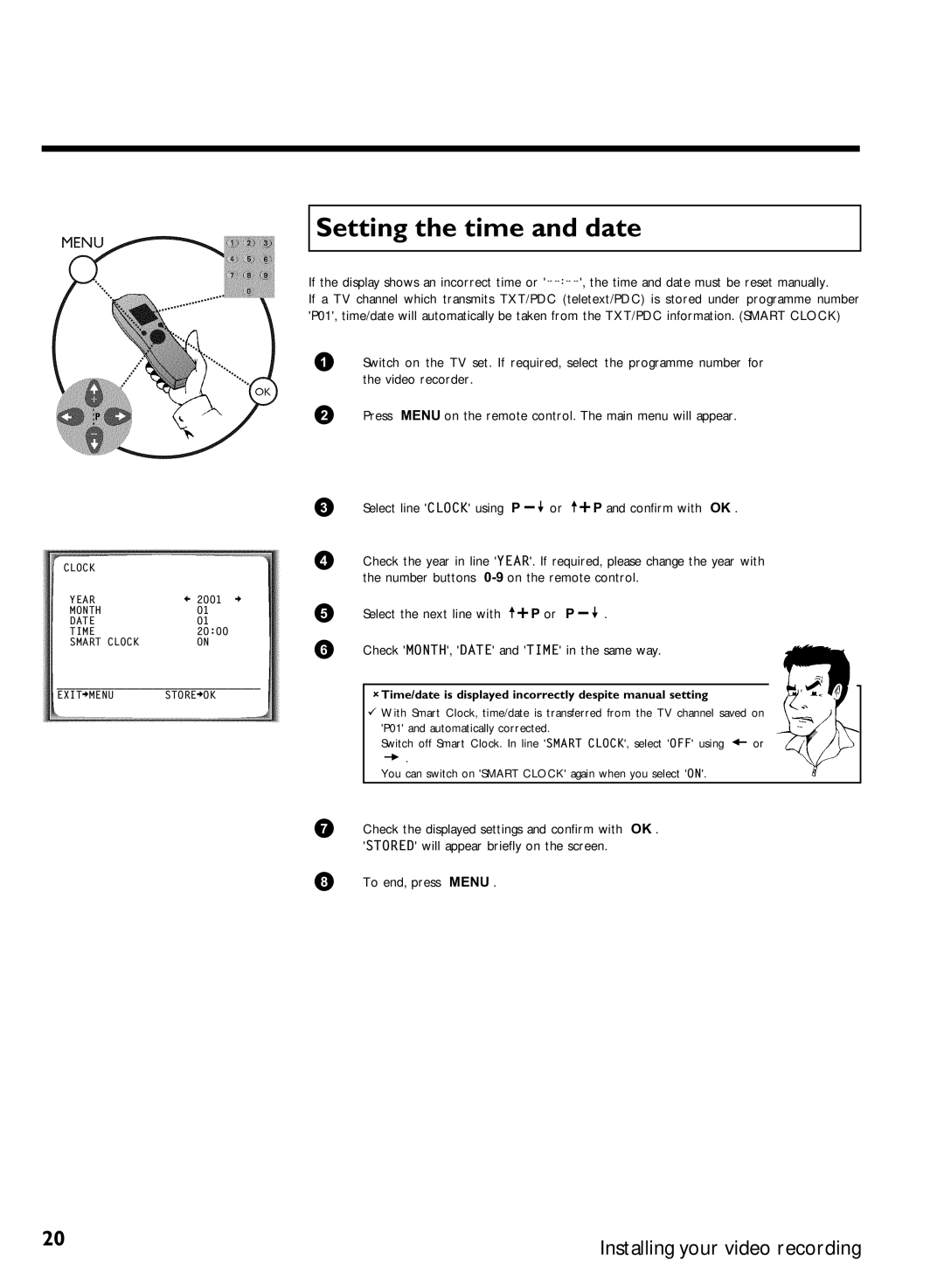 Philips VR620/07 specifications Setting the time and date, Check MONTH, Date and Time in the same way 