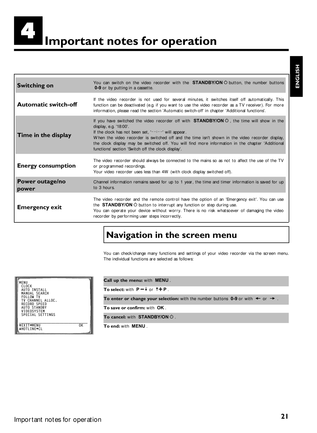 Philips VR620/07 specifications Important notes for operation, Navigation in the screen menu, Call up the menu with 