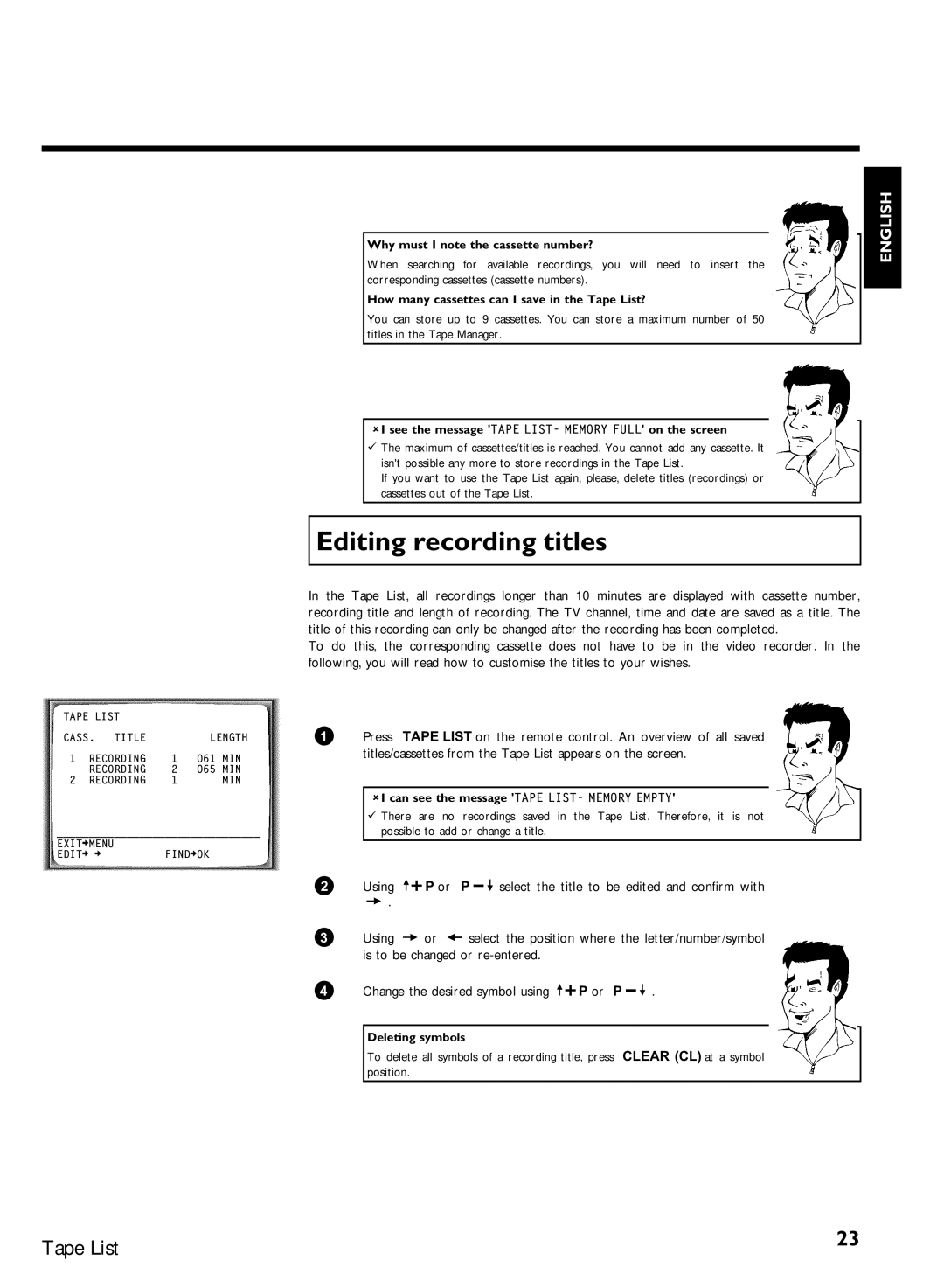 Philips VR620/07 specifications Editing recording titles, Clear CL at a symbol 