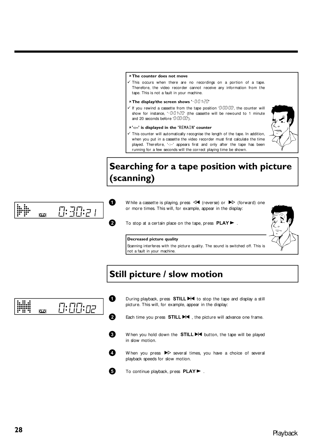 Philips VR620/07 specifications Searching for a tape position with picture scanning, Still picture / slow motion 