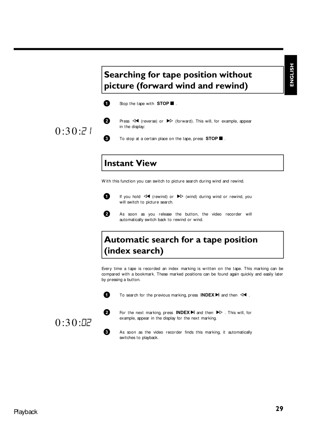 Philips VR620/07 specifications Instant View, Automatic search for a tape position index search, Stop the tape with Stop 