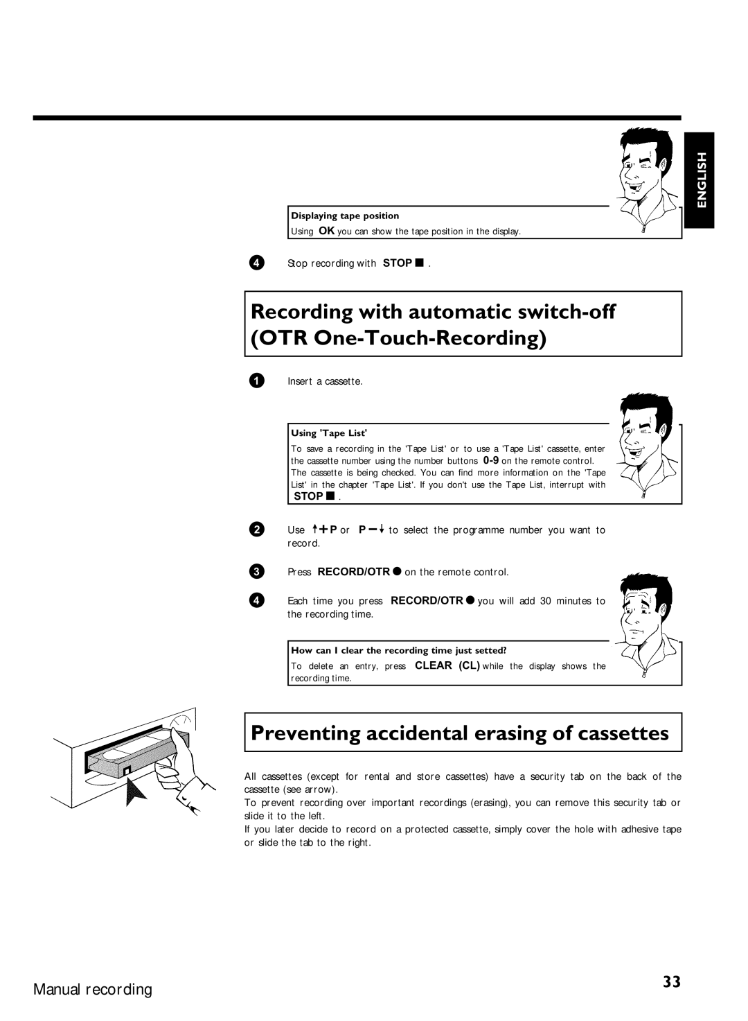 Philips VR620/07 specifications Preventing accidental erasing of cassettes 