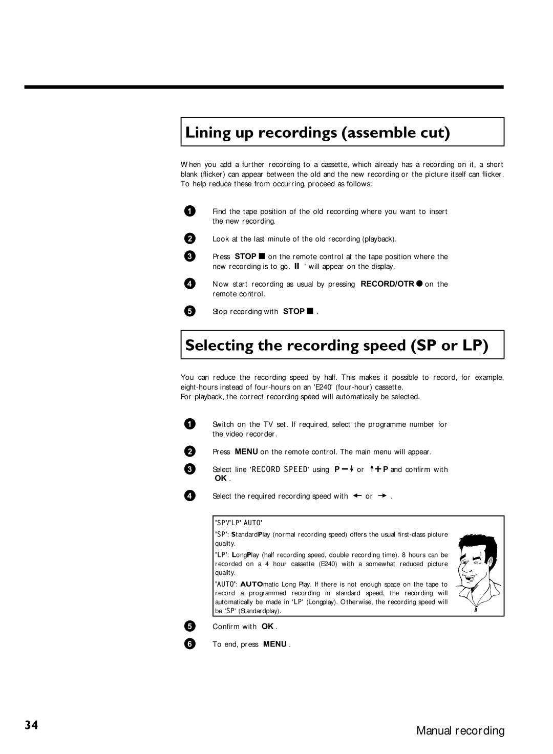 Philips VR620/07 specifications Lining up recordings assemble cut, Selecting the recording speed SP or LP 