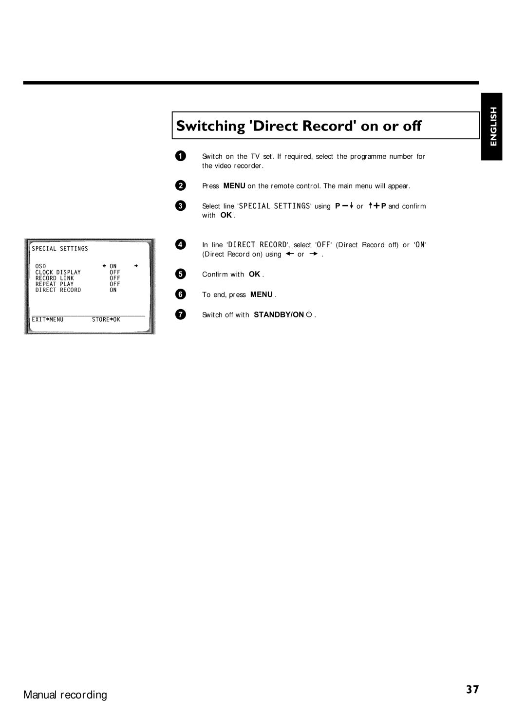 Philips VR620/07 specifications Switching Direct Record on or off 