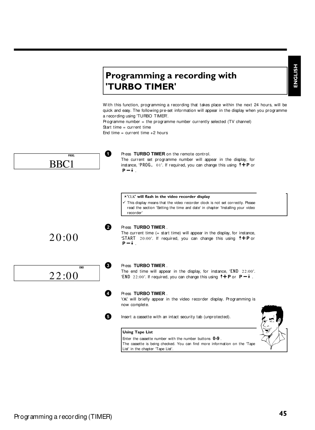 Philips VR620/07 specifications Programming a recording with, Press Turbo Timer 