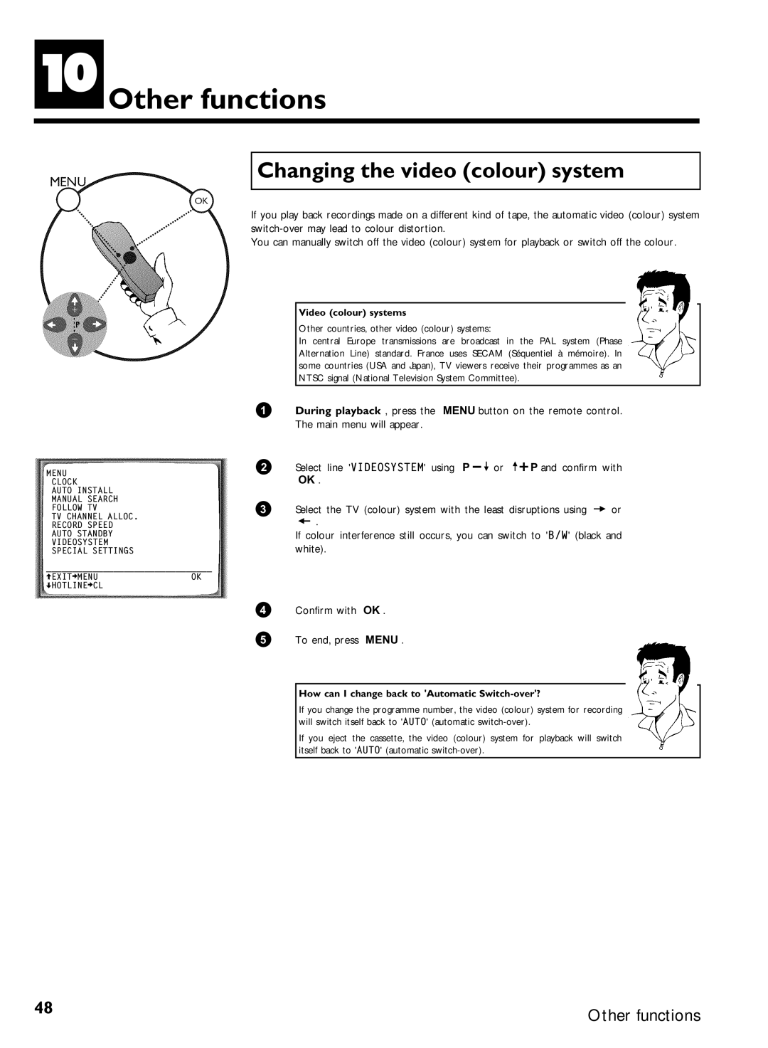 Philips VR620/07 specifications Other functions, Changing the video colour system, Video colour systems 