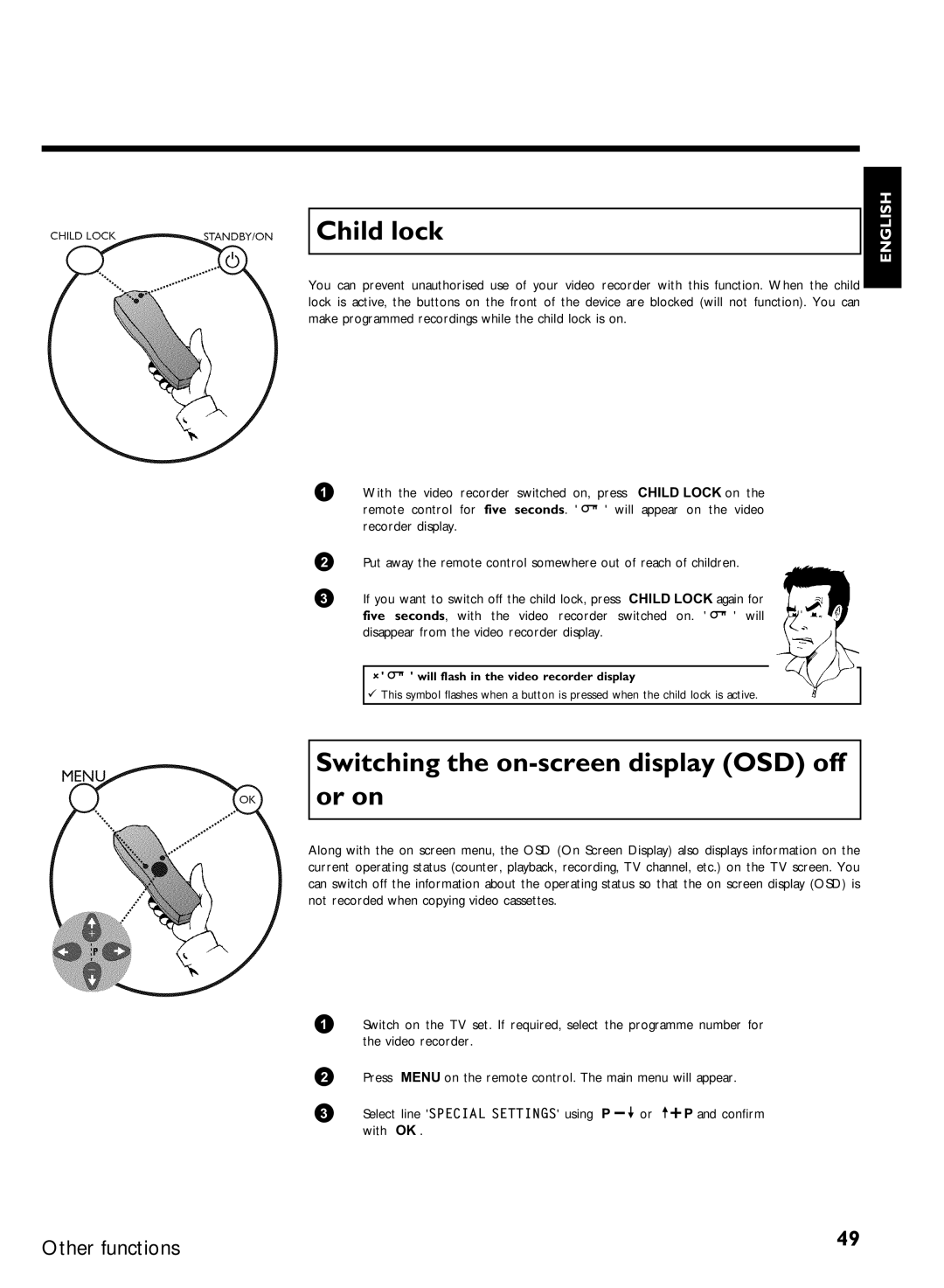 Philips VR620/07 Child lock, Switching the on-screen display OSD off or on, Will flash in the video recorder display 