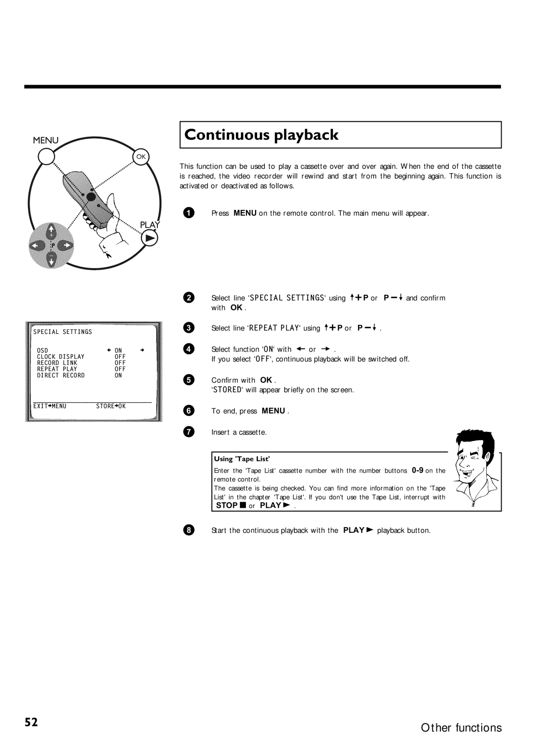 Philips VR620/07 specifications Continuous playback, Select line Special Settings using, Or Play 