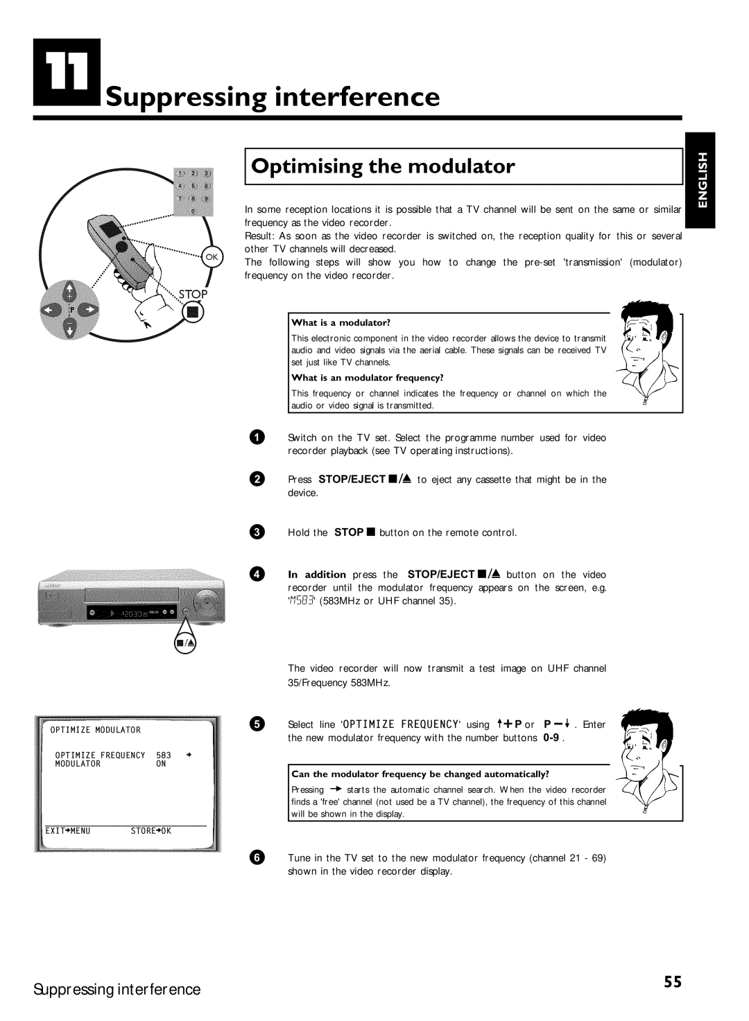 Philips VR620/07 specifications Suppressing interference, Optimising the modulator, Addition, Stop/Eject 