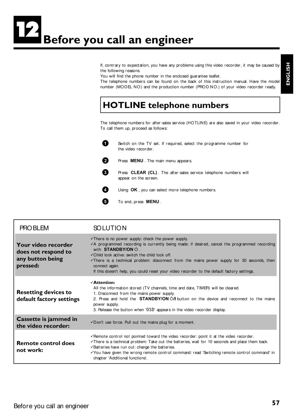 Philips VR620/07 specifications Before you call an engineer, Hotline telephone numbers, With STANDBY/ON 