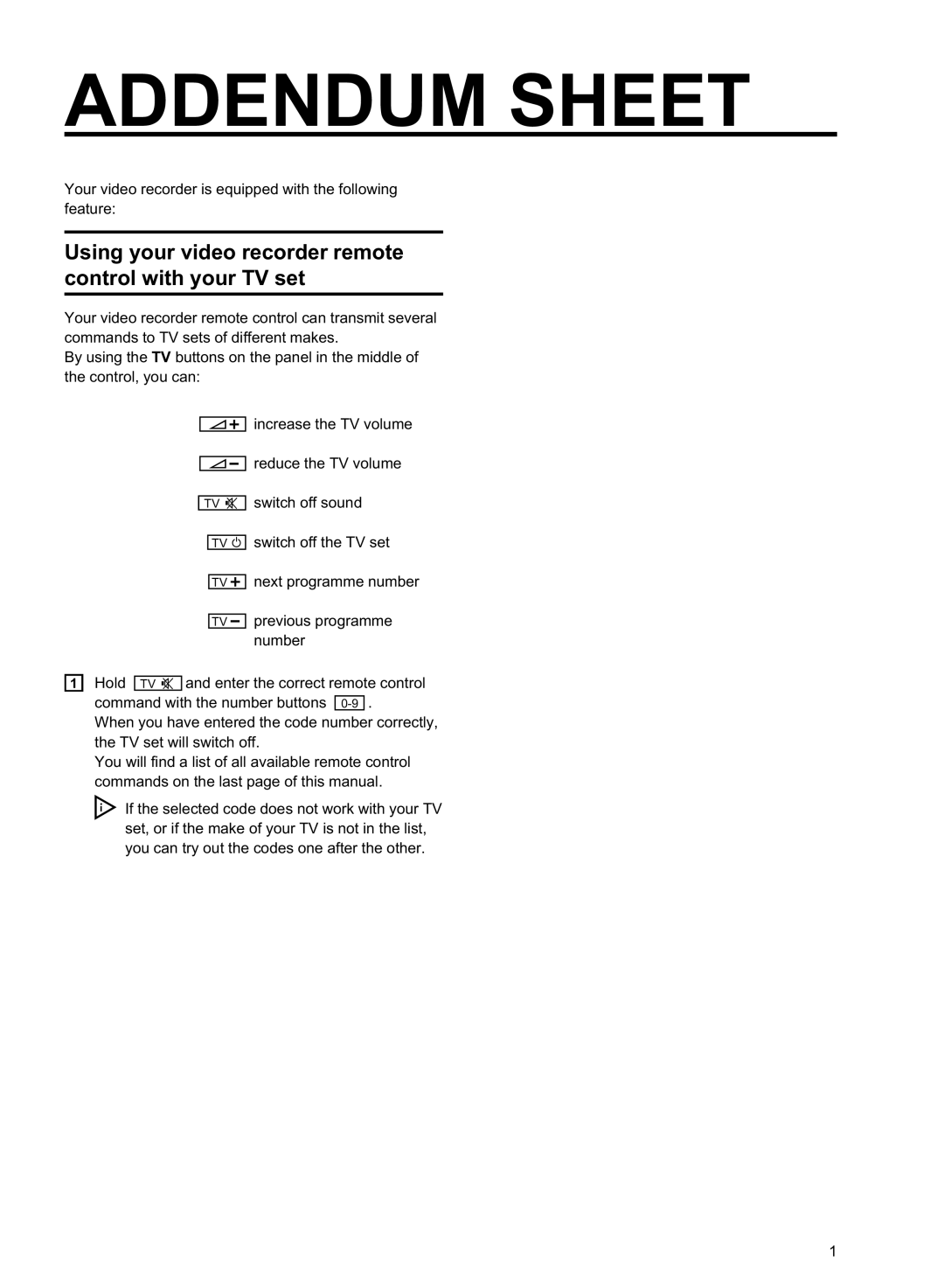 Philips VR620/07 specifications Addendum Sheet 