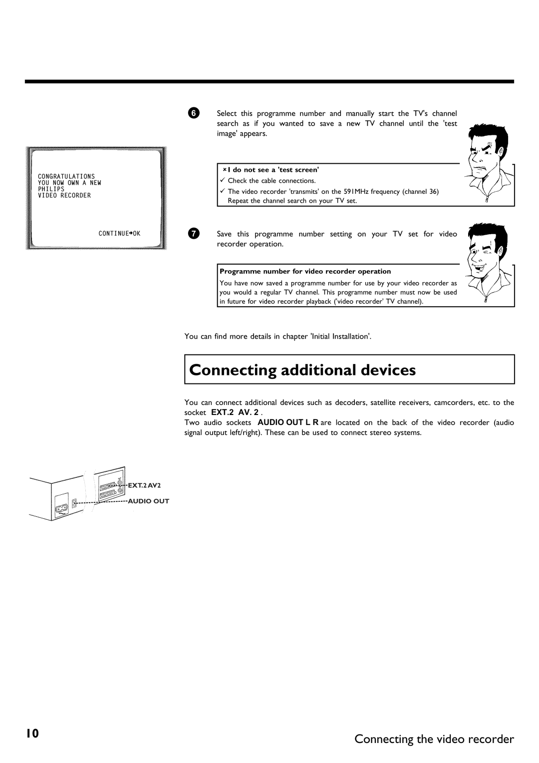 Philips VR620/58 specifications Connecting additional devices, Socket EXT.2 AV, AI do not see a test screen 